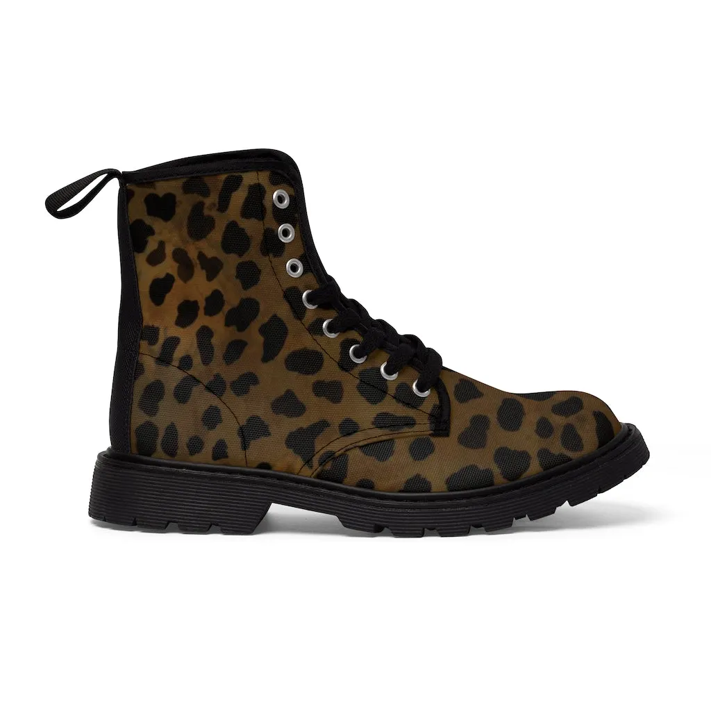 Dark Brown Cheetah Men Hiker Boots, Animal Print Best Designer Men's Canvas Boots Shoes