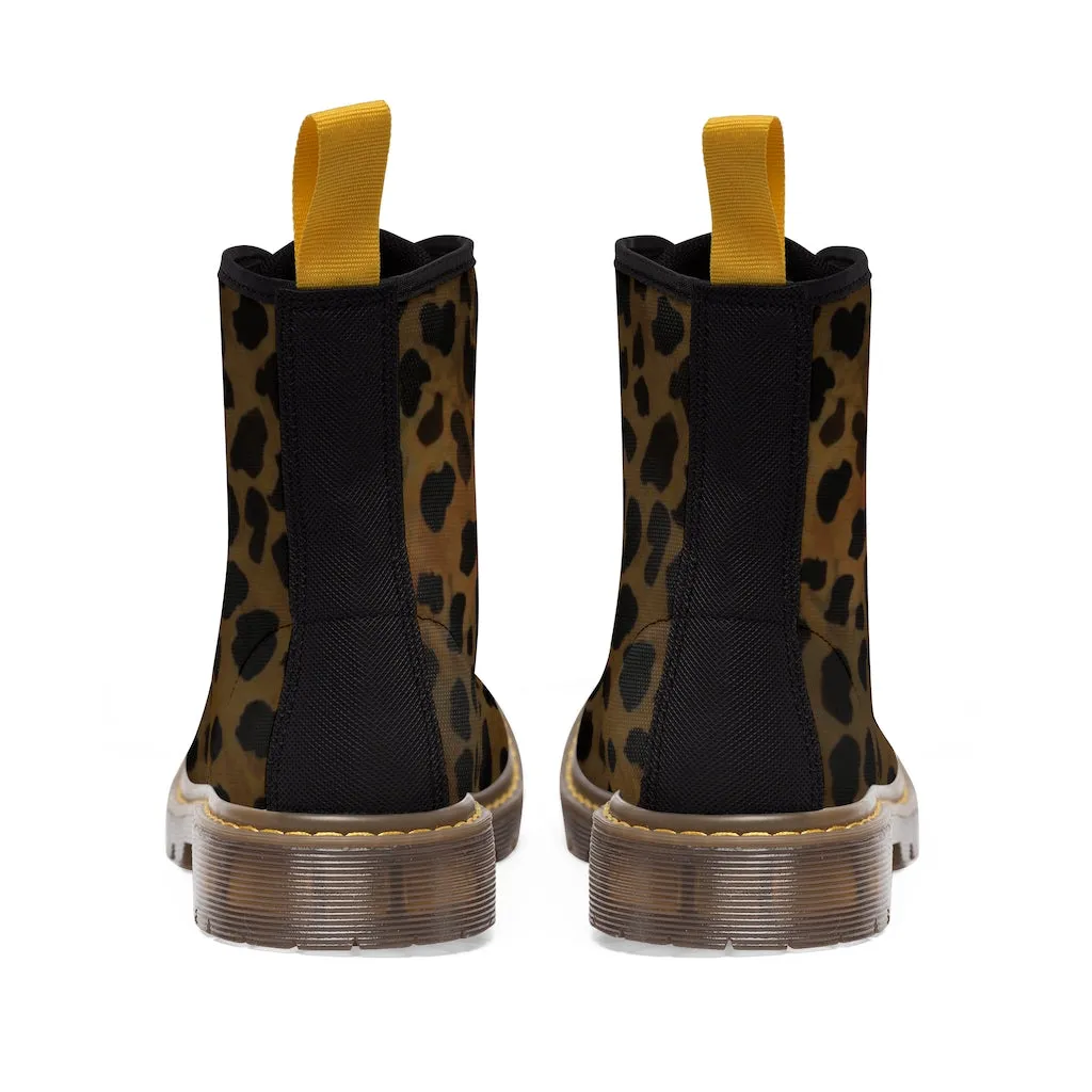 Dark Brown Cheetah Men Hiker Boots, Animal Print Best Designer Men's Canvas Boots Shoes