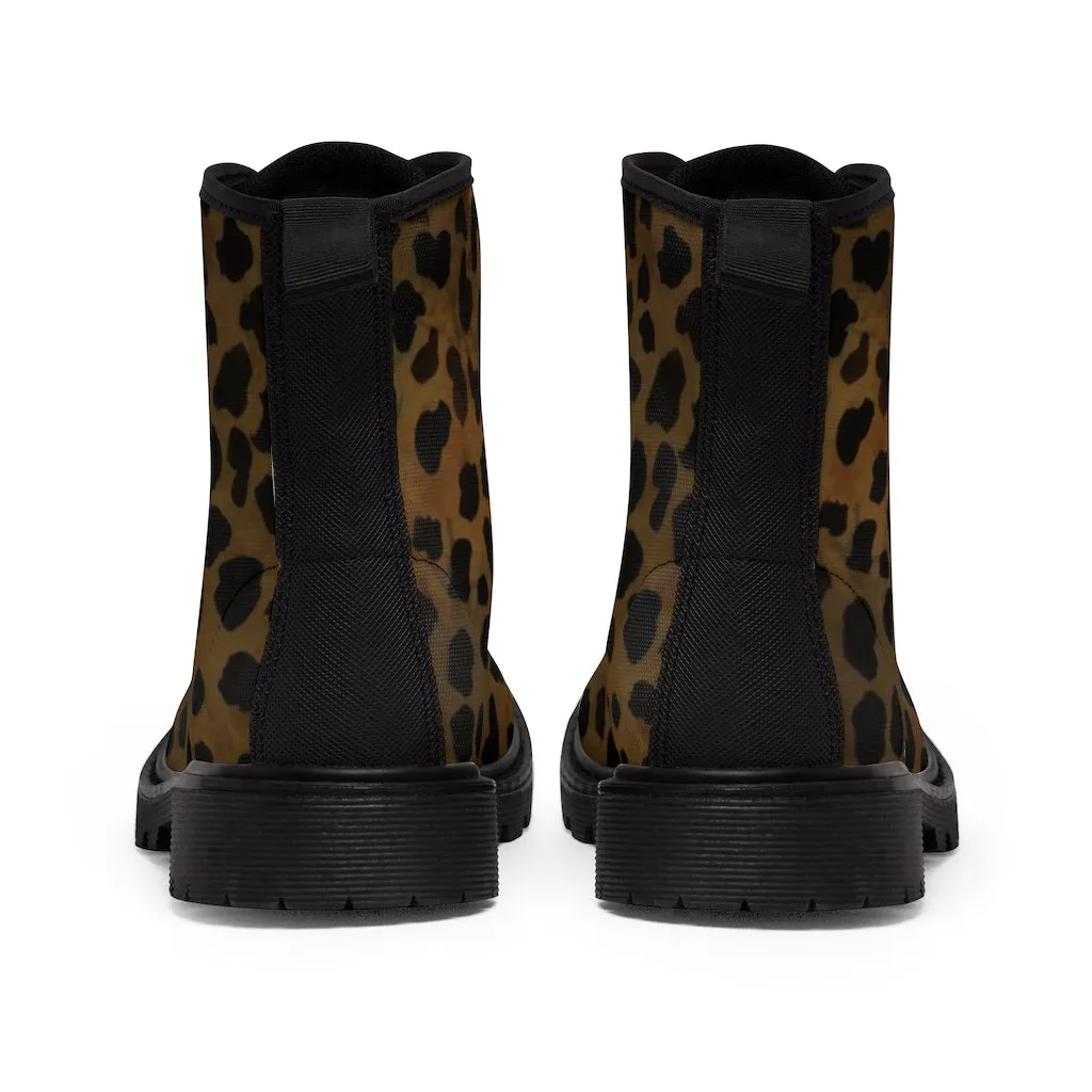 Dark Brown Cheetah Men Hiker Boots, Animal Print Best Designer Men's Canvas Boots Shoes