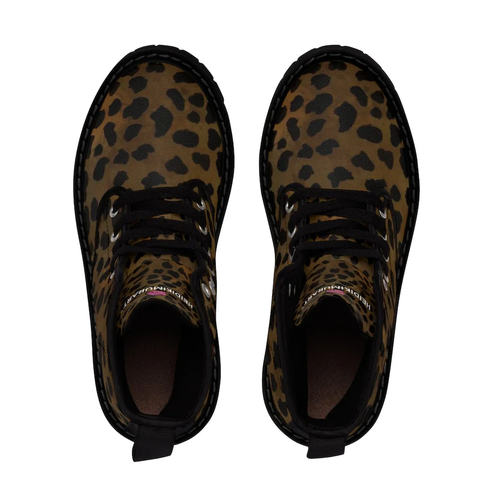 Dark Brown Cheetah Men Hiker Boots, Animal Print Best Designer Men's Canvas Boots Shoes
