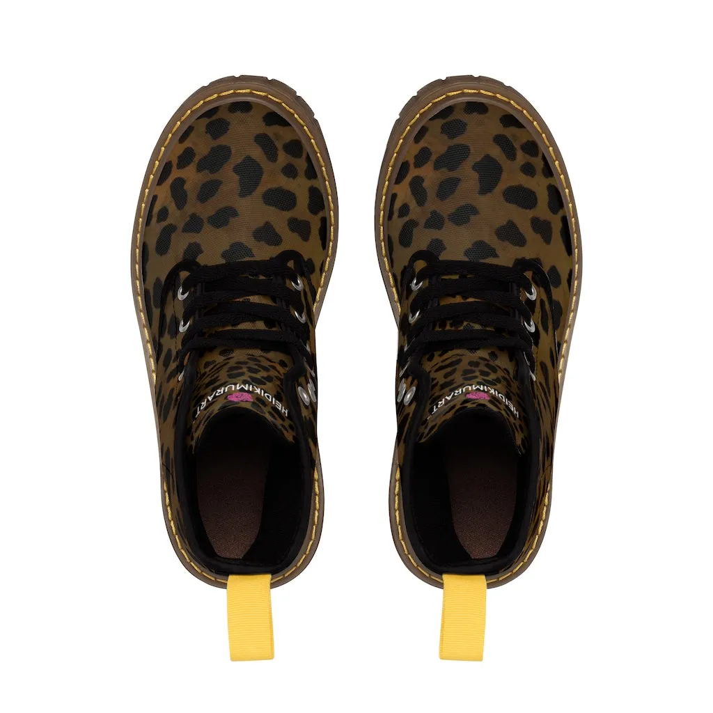 Dark Brown Cheetah Men Hiker Boots, Animal Print Best Designer Men's Canvas Boots Shoes