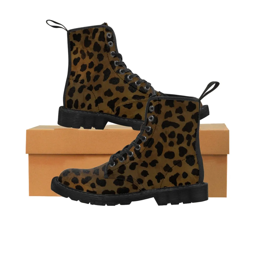 Dark Brown Cheetah Men Hiker Boots, Animal Print Best Designer Men's Canvas Boots Shoes