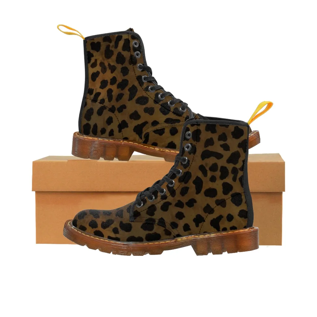 Dark Brown Cheetah Men Hiker Boots, Animal Print Best Designer Men's Canvas Boots Shoes