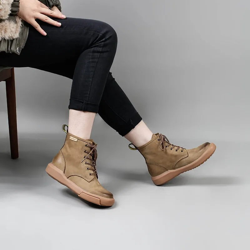 Designer Leather Short Boots Lace Up Combat Boots in Apricot/Khaki/Red