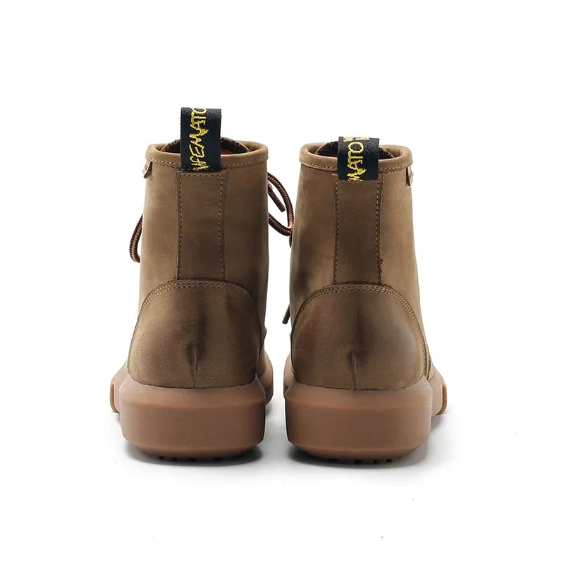 Designer Leather Short Boots Lace Up Combat Boots in Apricot/Khaki/Red