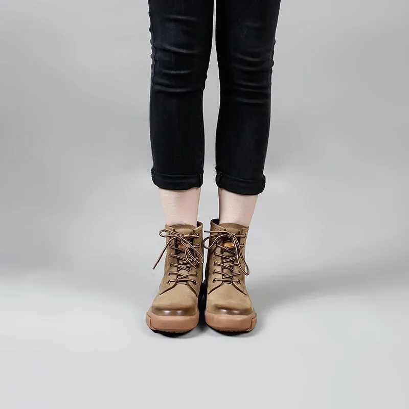 Designer Leather Short Boots Lace Up Combat Boots in Apricot/Khaki/Red