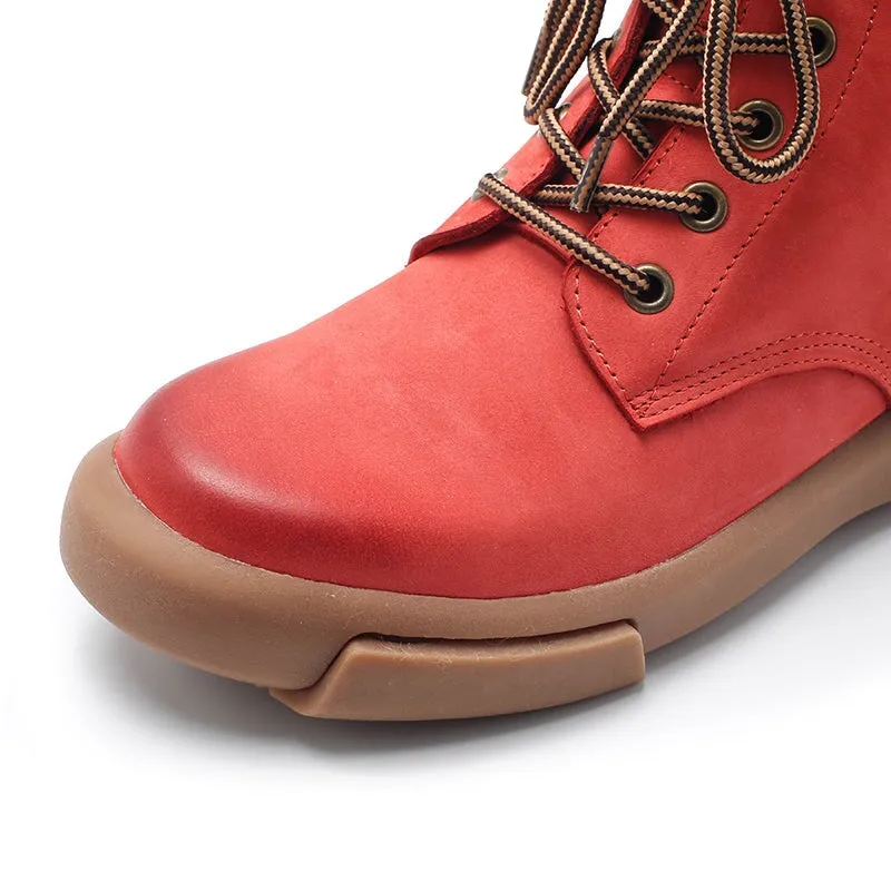 Designer Leather Short Boots Lace Up Combat Boots in Apricot/Khaki/Red