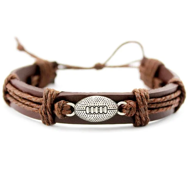 Football Charm Leather Bracelets Women Men Unisex Jewelry