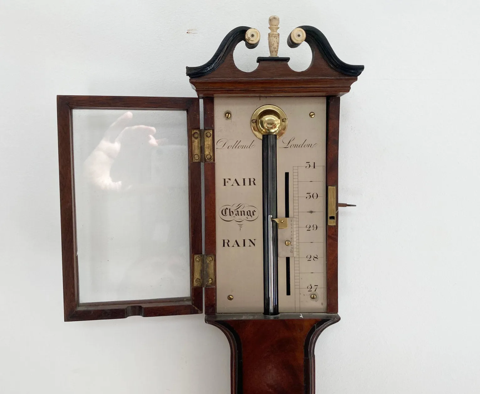 George III Period Flame Mahogany Stick Barometer by Dollond London