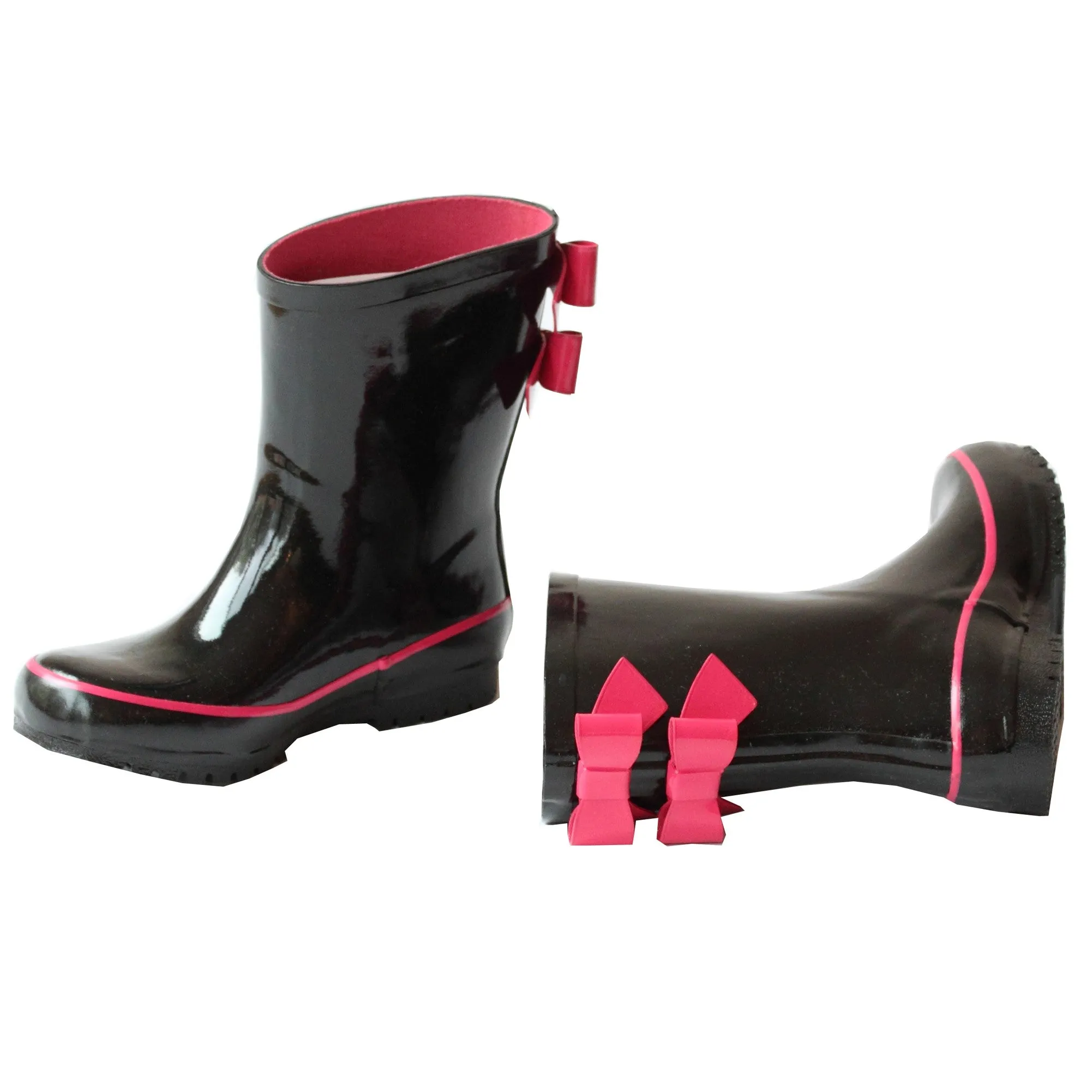 Girls Black Fuchsia Double Bow Rain Boots 5-10 Toddler