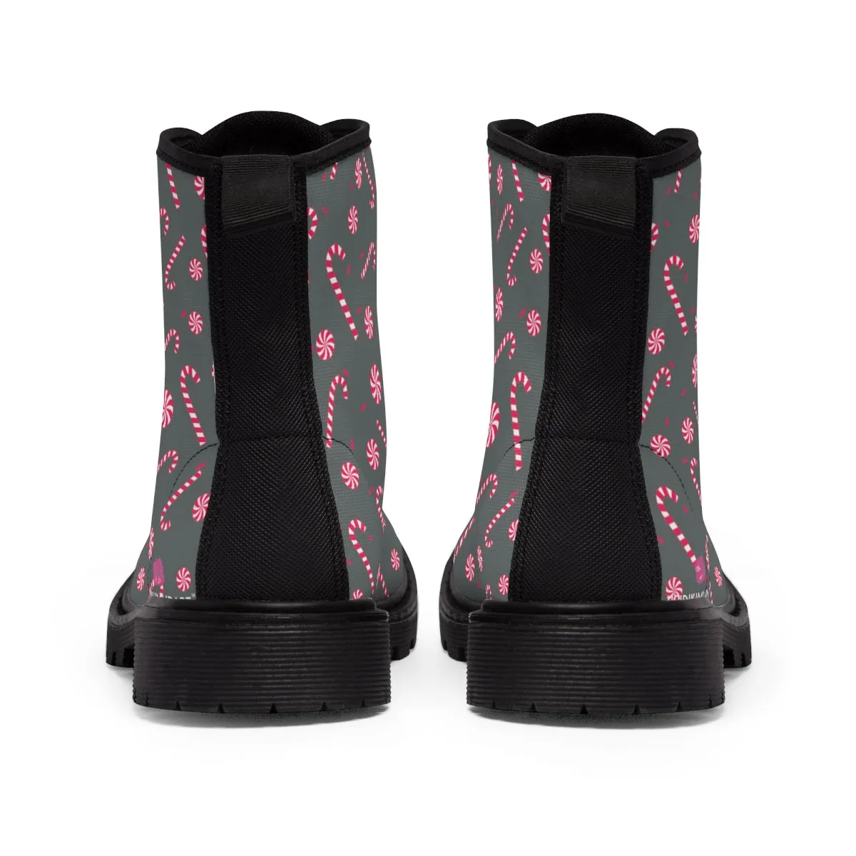 Grey Christmas Women's Canvas Boots, Red Candy Cane Print Winter Boots For Women (US Size 6.5-11)