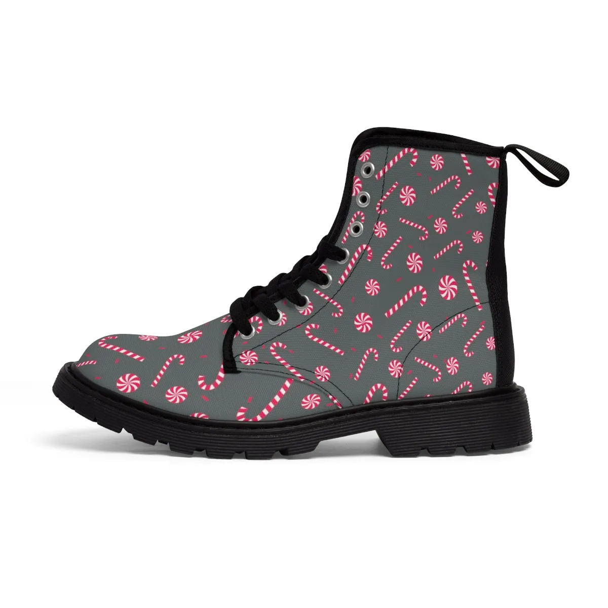 Grey Christmas Women's Canvas Boots, Red Candy Cane Print Winter Boots For Women (US Size 6.5-11)