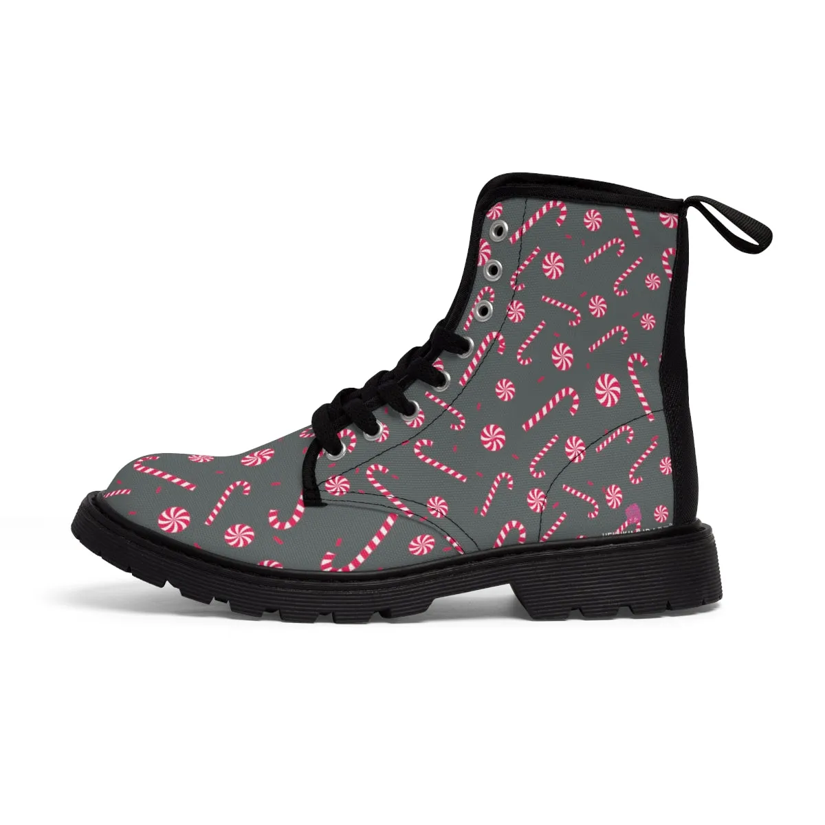 Grey Christmas Women's Canvas Boots, Red Candy Cane Print Winter Boots For Women (US Size 6.5-11)