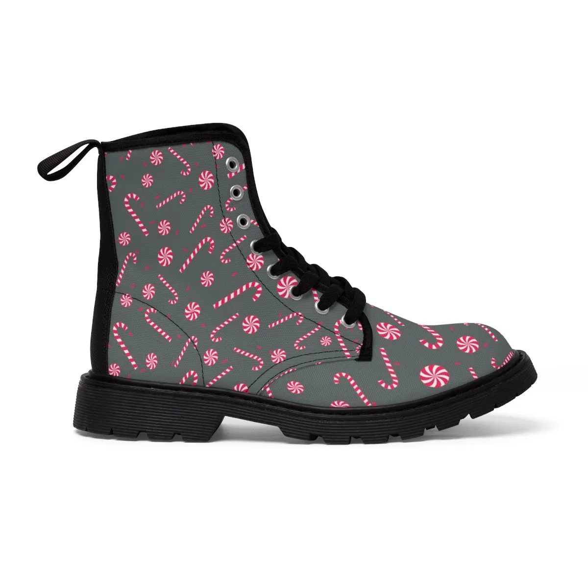 Grey Christmas Women's Canvas Boots, Red Candy Cane Print Winter Boots For Women (US Size 6.5-11)