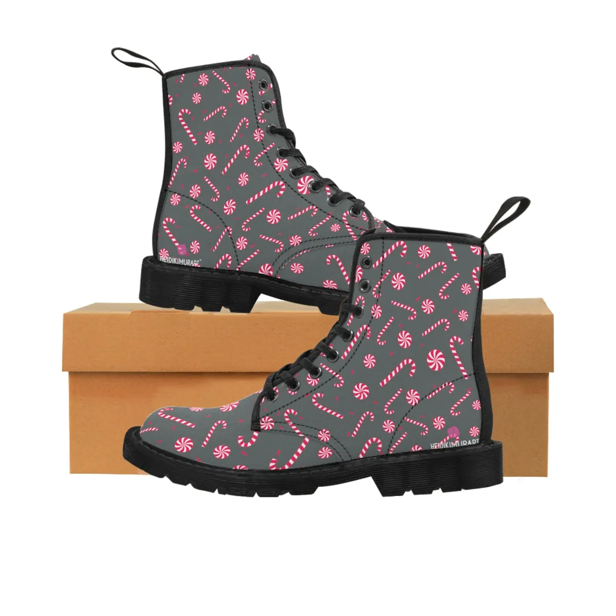 Grey Christmas Women's Canvas Boots, Red Candy Cane Print Winter Boots For Women (US Size 6.5-11)