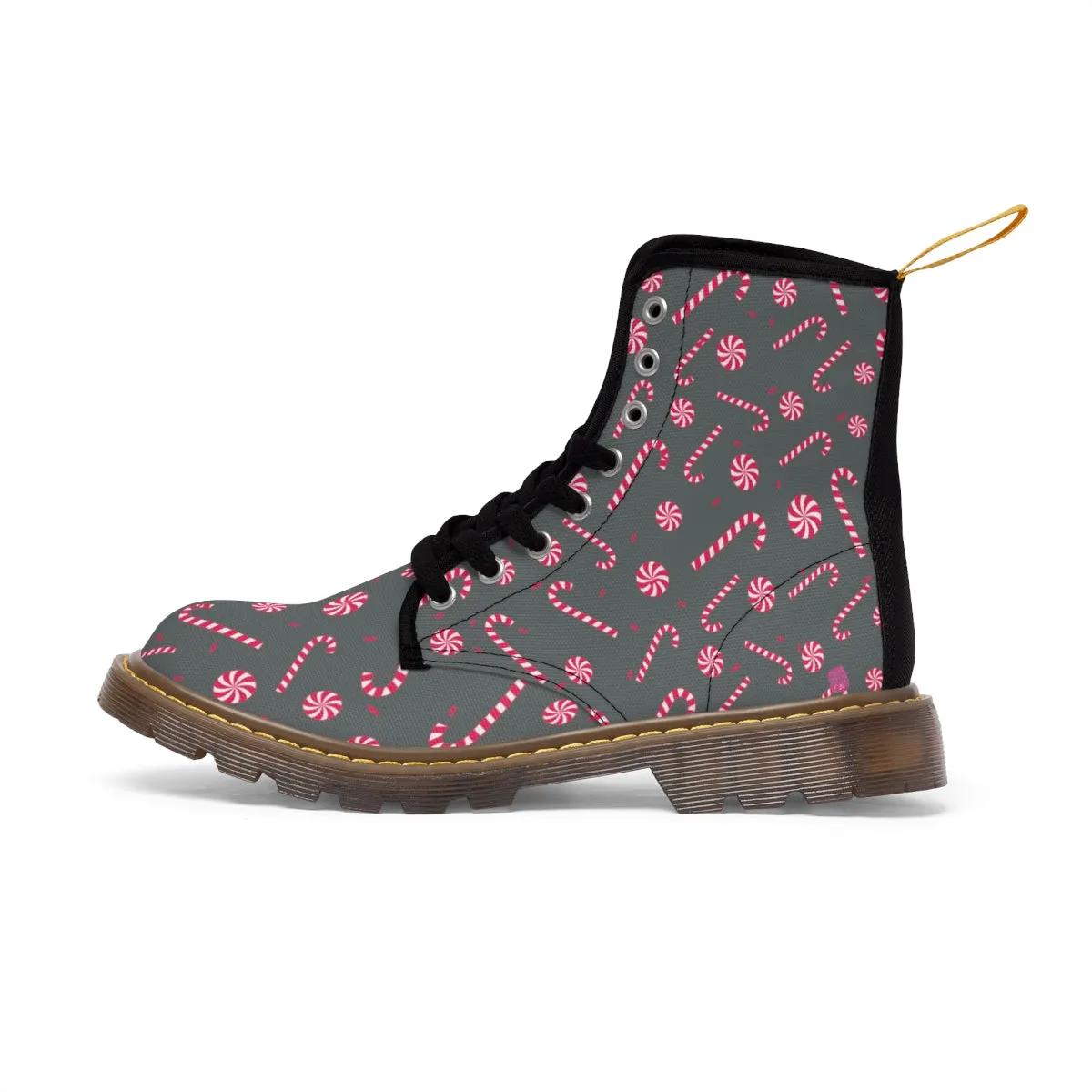 Grey Christmas Women's Canvas Boots, Red Candy Cane Print Winter Boots For Women (US Size 6.5-11)