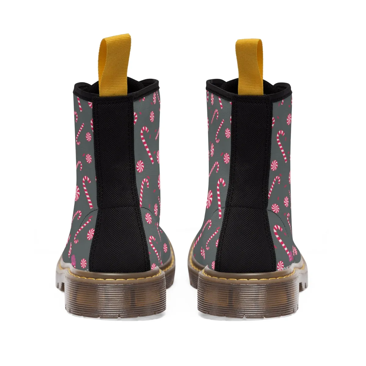Grey Christmas Women's Canvas Boots, Red Candy Cane Print Winter Boots For Women (US Size 6.5-11)