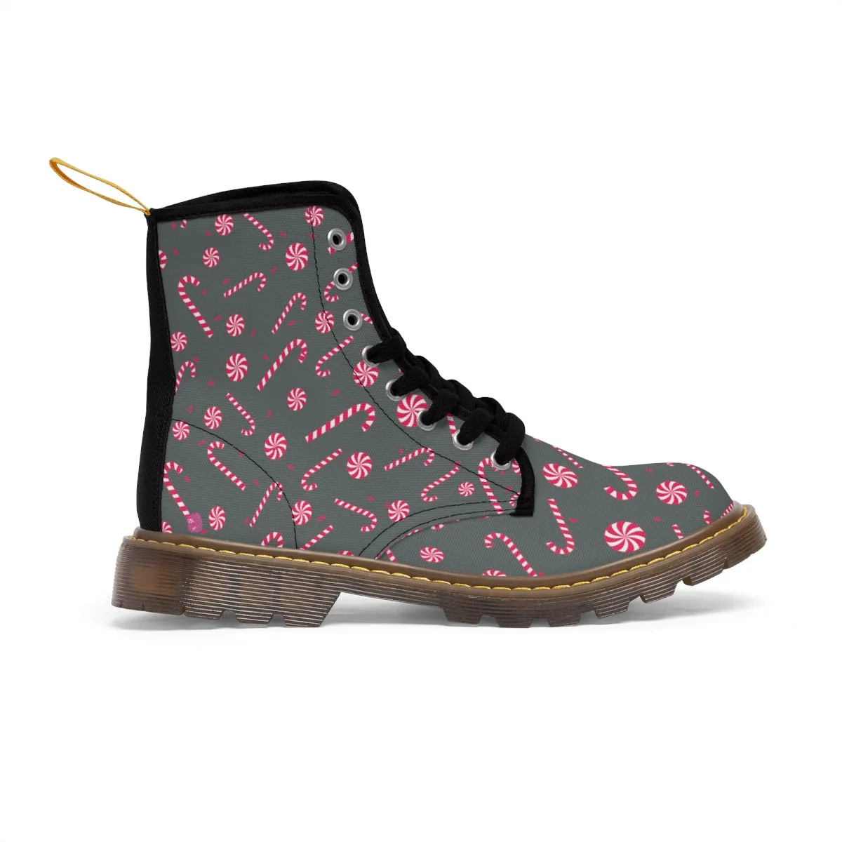 Grey Christmas Women's Canvas Boots, Red Candy Cane Print Winter Boots For Women (US Size 6.5-11)