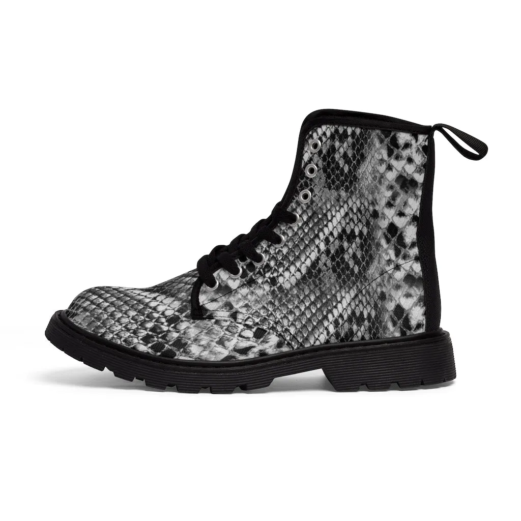 Grey Snakeprint Women's Boots, Python Snake Print Designer Best Winter Boots For Ladies