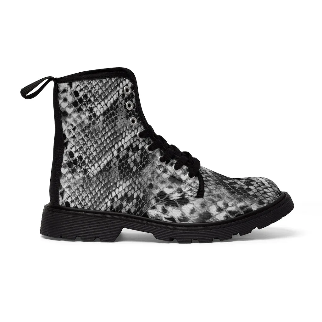Grey Snakeprint Women's Boots, Python Snake Print Designer Best Winter Boots For Ladies