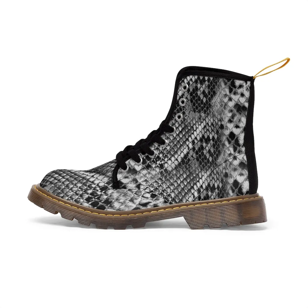 Grey Snakeprint Women's Boots, Python Snake Print Designer Best Winter Boots For Ladies