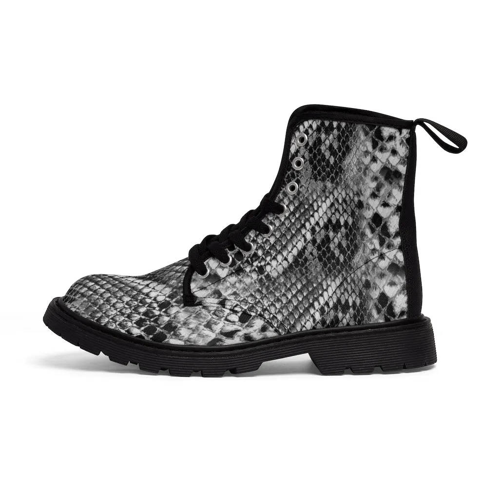 Grey Snakeprint Women's Boots, Python Snake Print Designer Best Winter Boots For Ladies