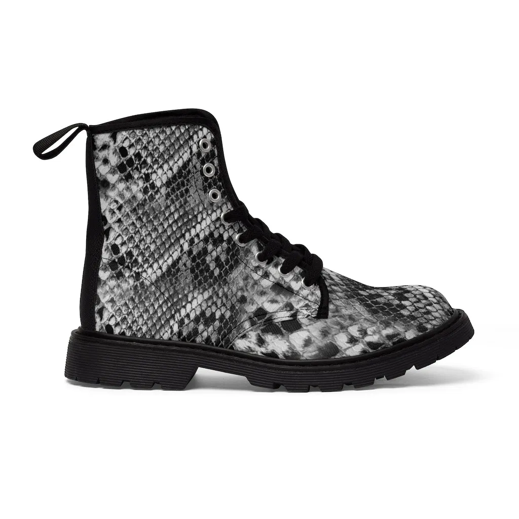 Grey Snakeprint Women's Boots, Python Snake Print Designer Best Winter Boots For Ladies