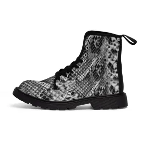 Grey Snakeprint Women's Boots, Python Snake Print Designer Best Winter Boots For Ladies