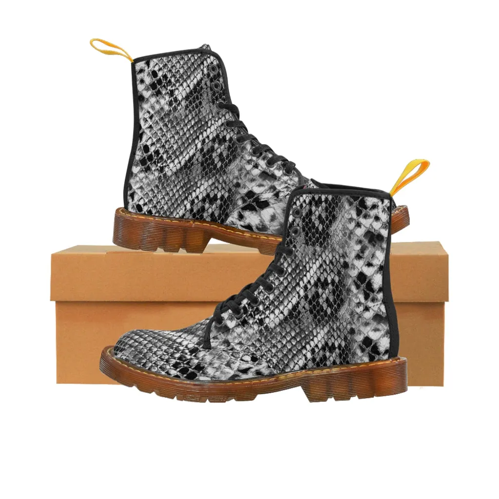 Grey Snakeprint Women's Boots, Python Snake Print Designer Best Winter Boots For Ladies