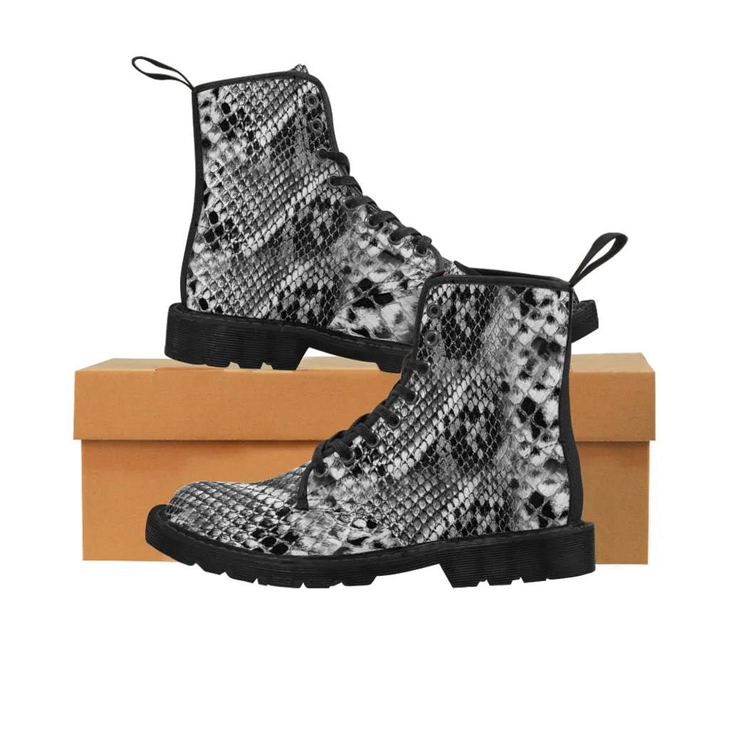 Grey Snakeprint Women's Boots, Python Snake Print Designer Best Winter Boots For Ladies