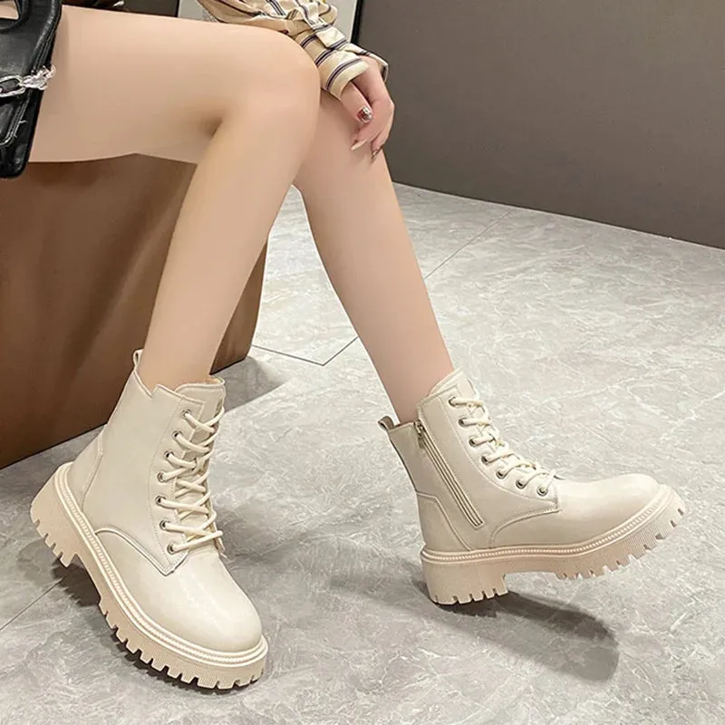 Hnzxzm Chunky Heels Lace Up Combat Boots Women Winter Warm Short Plush Ankle Boots Woman Platform Non-Slip PU Leather Short Botas Mujer