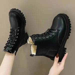 Hnzxzm Chunky Heels Lace Up Combat Boots Women Winter Warm Short Plush Ankle Boots Woman Platform Non-Slip PU Leather Short Botas Mujer