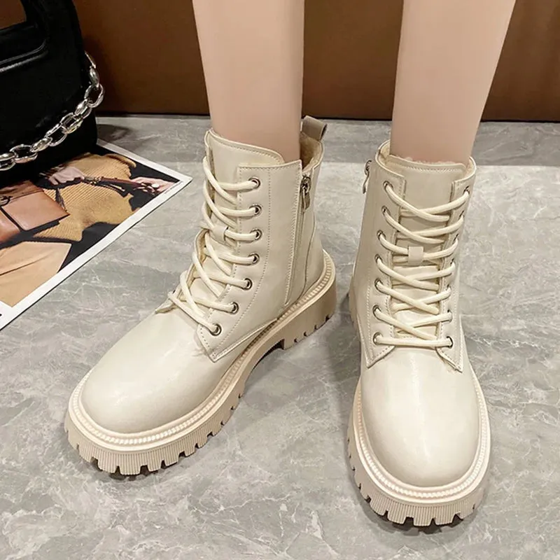 Hnzxzm Chunky Heels Lace Up Combat Boots Women Winter Warm Short Plush Ankle Boots Woman Platform Non-Slip PU Leather Short Botas Mujer