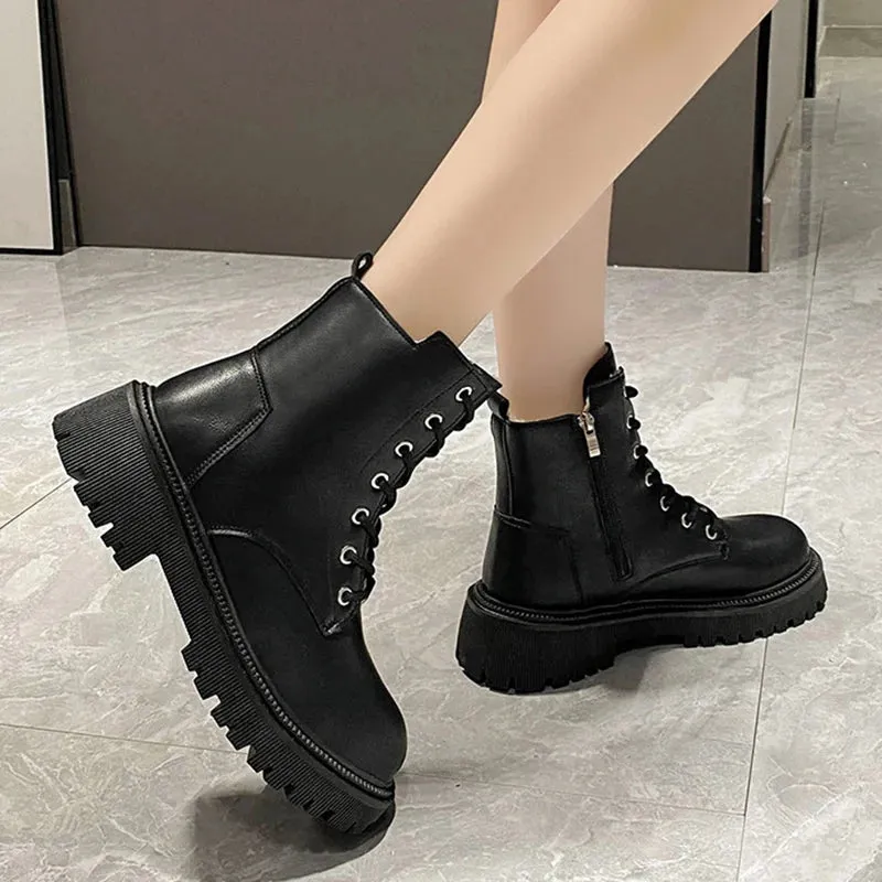 Hnzxzm Chunky Heels Lace Up Combat Boots Women Winter Warm Short Plush Ankle Boots Woman Platform Non-Slip PU Leather Short Botas Mujer