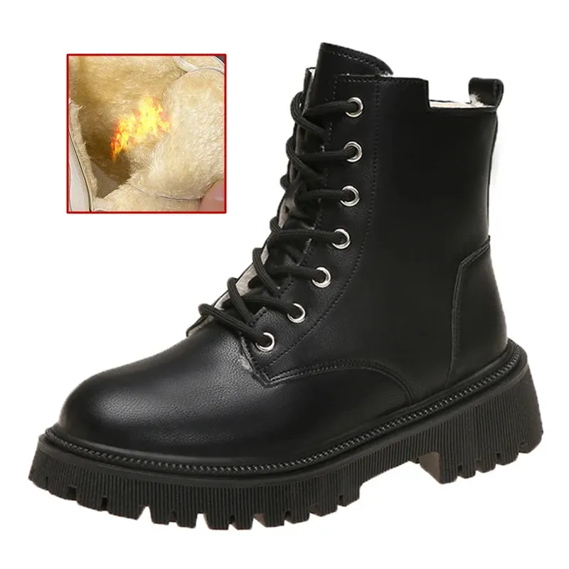 Hnzxzm Chunky Heels Lace Up Combat Boots Women Winter Warm Short Plush Ankle Boots Woman Platform Non-Slip PU Leather Short Botas Mujer
