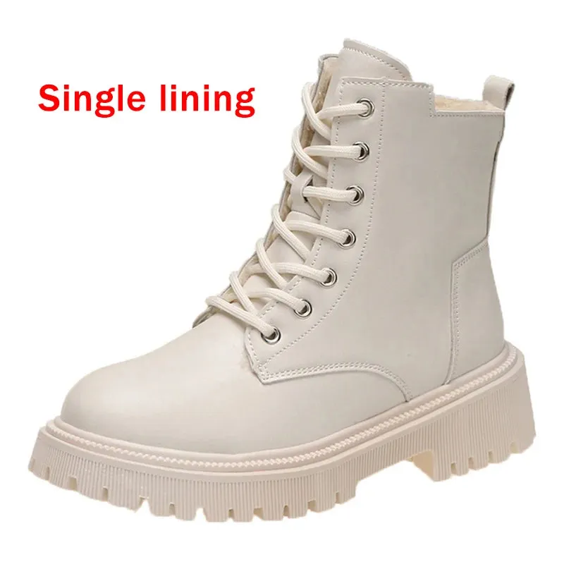 Hnzxzm Chunky Heels Lace Up Combat Boots Women Winter Warm Short Plush Ankle Boots Woman Platform Non-Slip PU Leather Short Botas Mujer