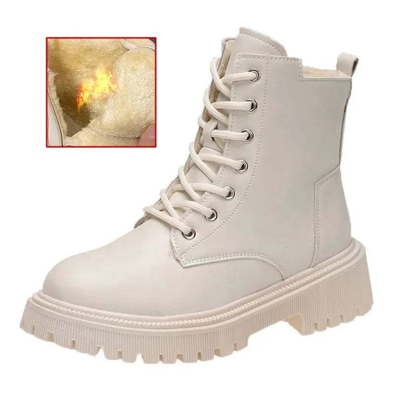Hnzxzm Chunky Heels Lace Up Combat Boots Women Winter Warm Short Plush Ankle Boots Woman Platform Non-Slip PU Leather Short Botas Mujer