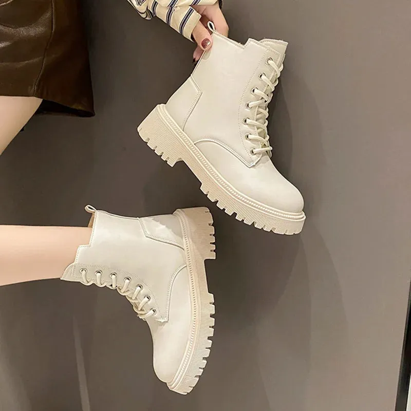 Hnzxzm Chunky Heels Lace Up Combat Boots Women Winter Warm Short Plush Ankle Boots Woman Platform Non-Slip PU Leather Short Botas Mujer