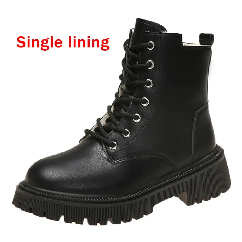 Hnzxzm Chunky Heels Lace Up Combat Boots Women Winter Warm Short Plush Ankle Boots Woman Platform Non-Slip PU Leather Short Botas Mujer