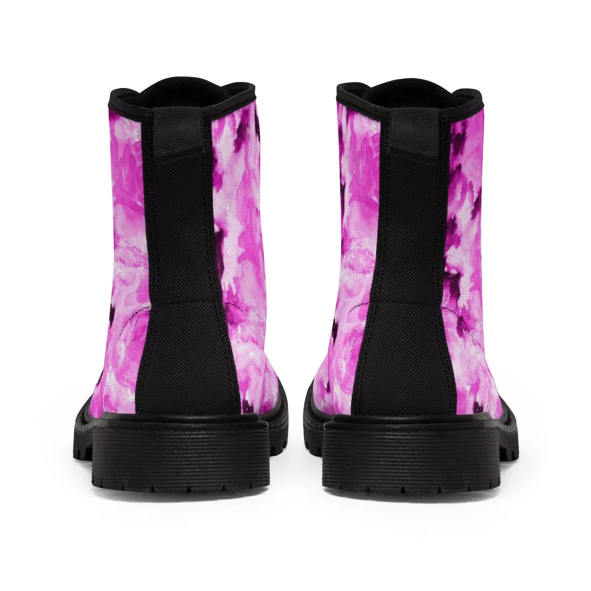 Hot Pink Floral Women's Boots, Rose Premium Designer Winter Lace-up Toe Cap Boots For Ladies