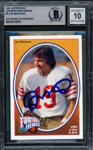 Joe Montana Autographed 1991 Upper Deck Heroes Card #2 San Francisco 49ers Auto Grade Gem Mint 10 Beckett BAS Stock #220756