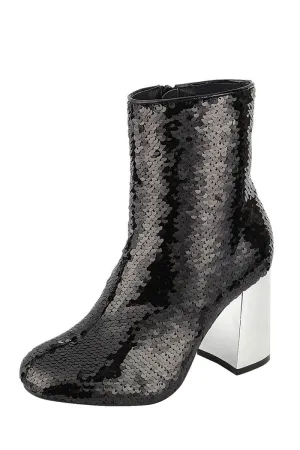 Ladies fashion sequenced combat ankle boot, closed round toe, block heel, zipper closure