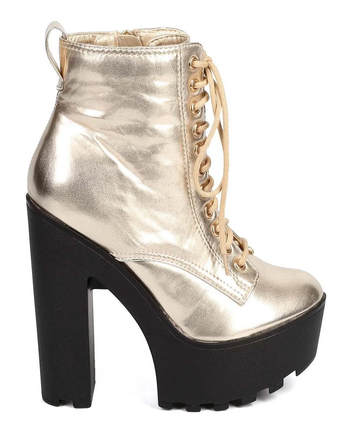 Metallic Gold Lace Up Lug Sole Platform Ankle Combat Boot