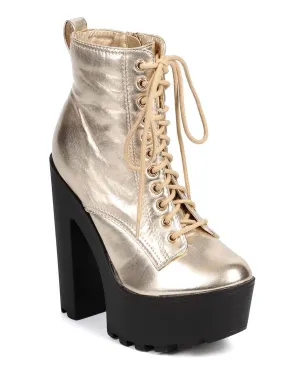 Metallic Gold Lace Up Lug Sole Platform Ankle Combat Boot