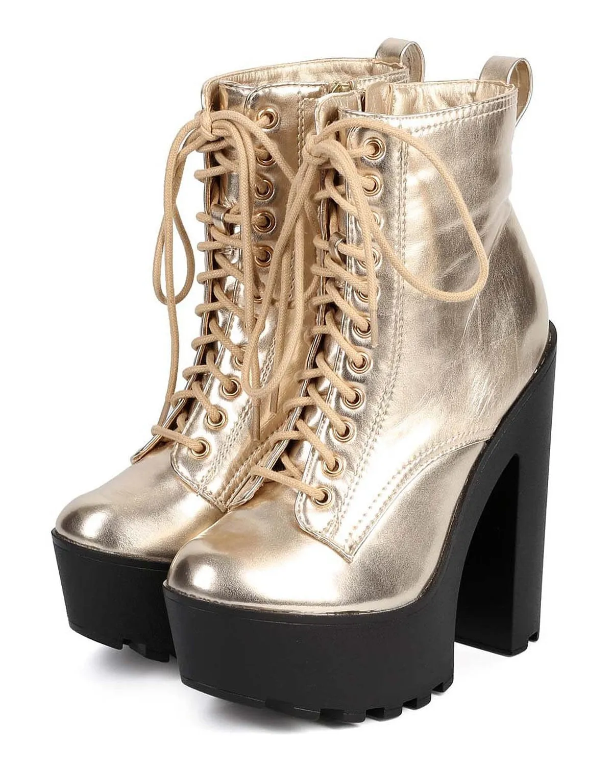 Metallic Gold Lace Up Lug Sole Platform Ankle Combat Boot