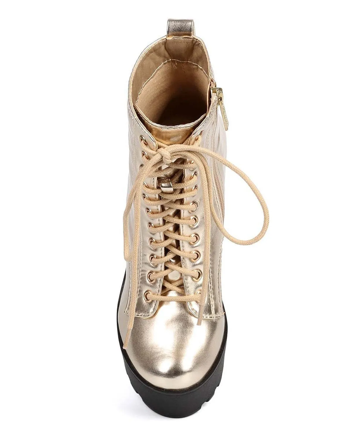 Metallic Gold Lace Up Lug Sole Platform Ankle Combat Boot