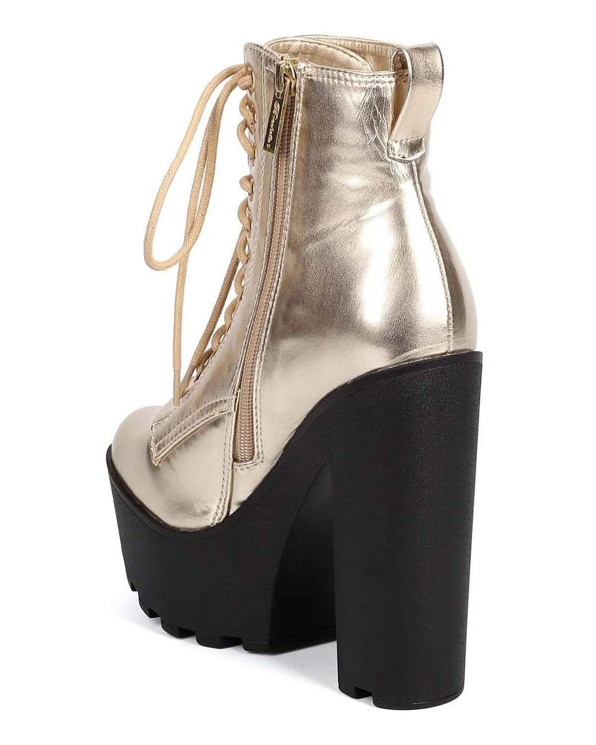 Metallic Gold Lace Up Lug Sole Platform Ankle Combat Boot