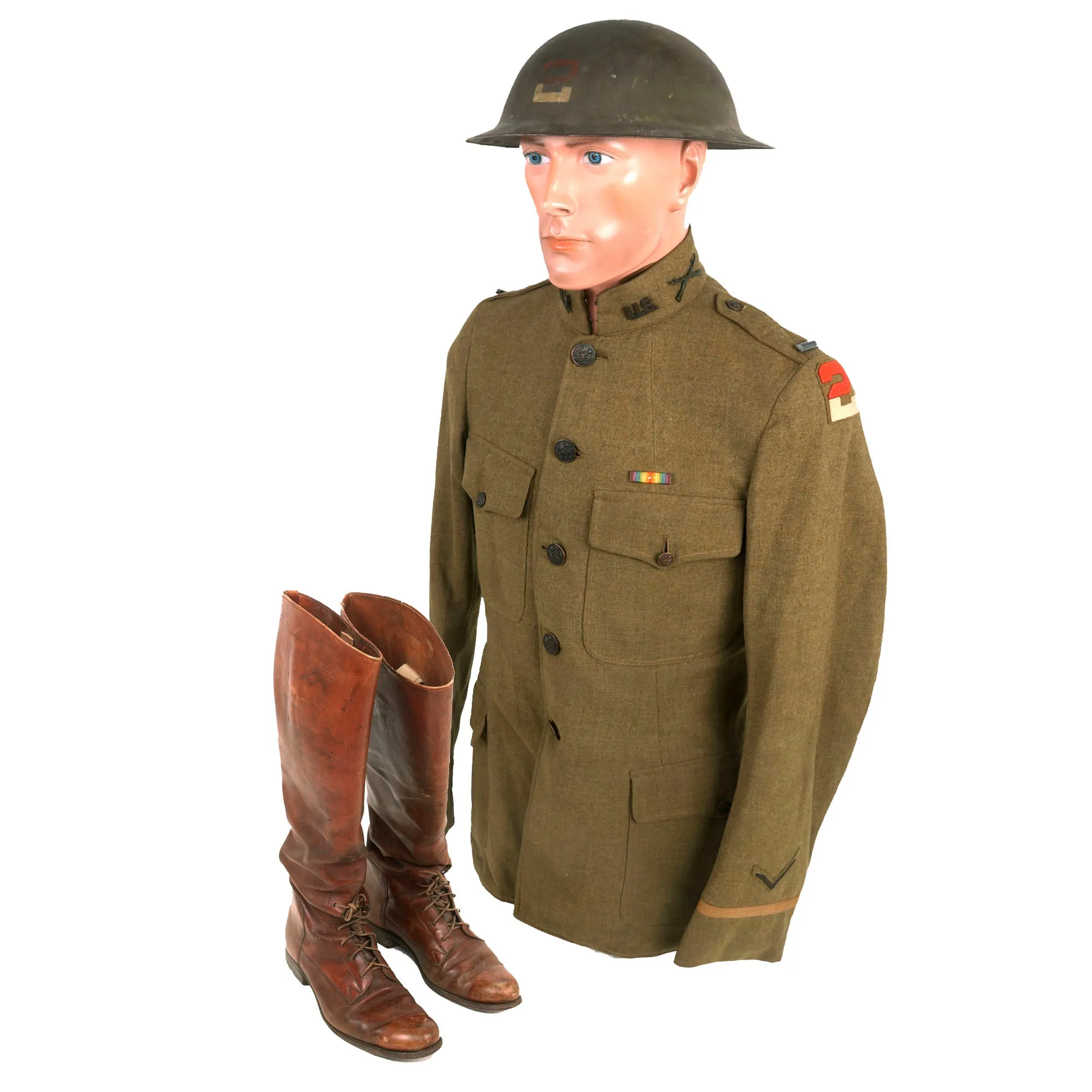 Original U.S. WWI 2nd Army Officer’s Uniform and Painted Helmet with Officer’s Boots