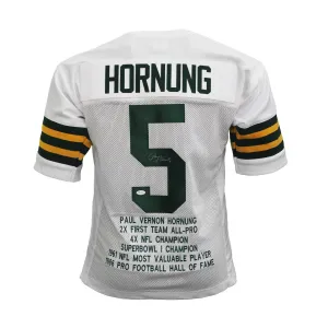 Paul Hornung Autographed Football Special Edition STAT Jersey White (JSA)