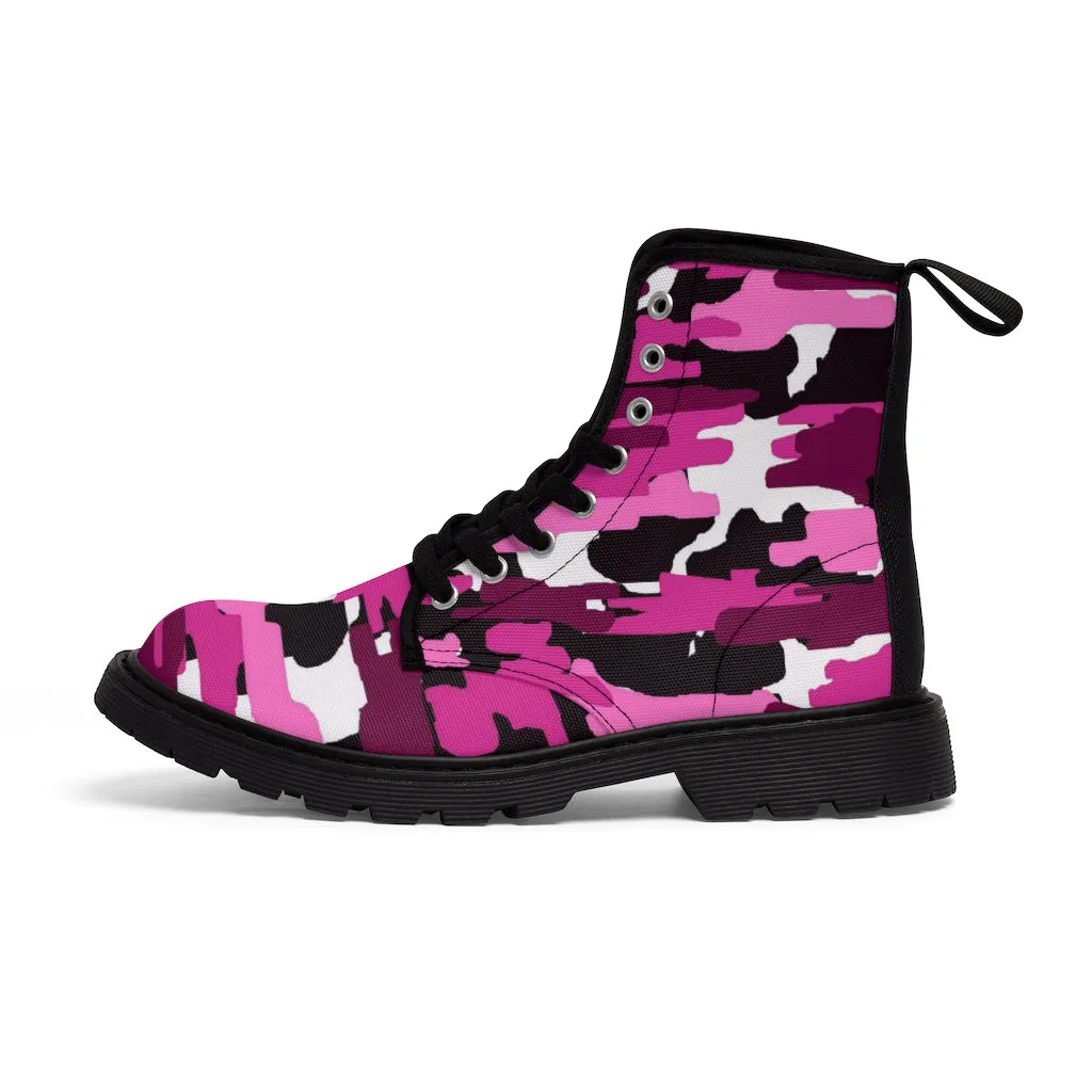 Purple Camo Women's Canvas Boots, Pink Purple Camouflage Military Army Print Winter Boots For Ladies